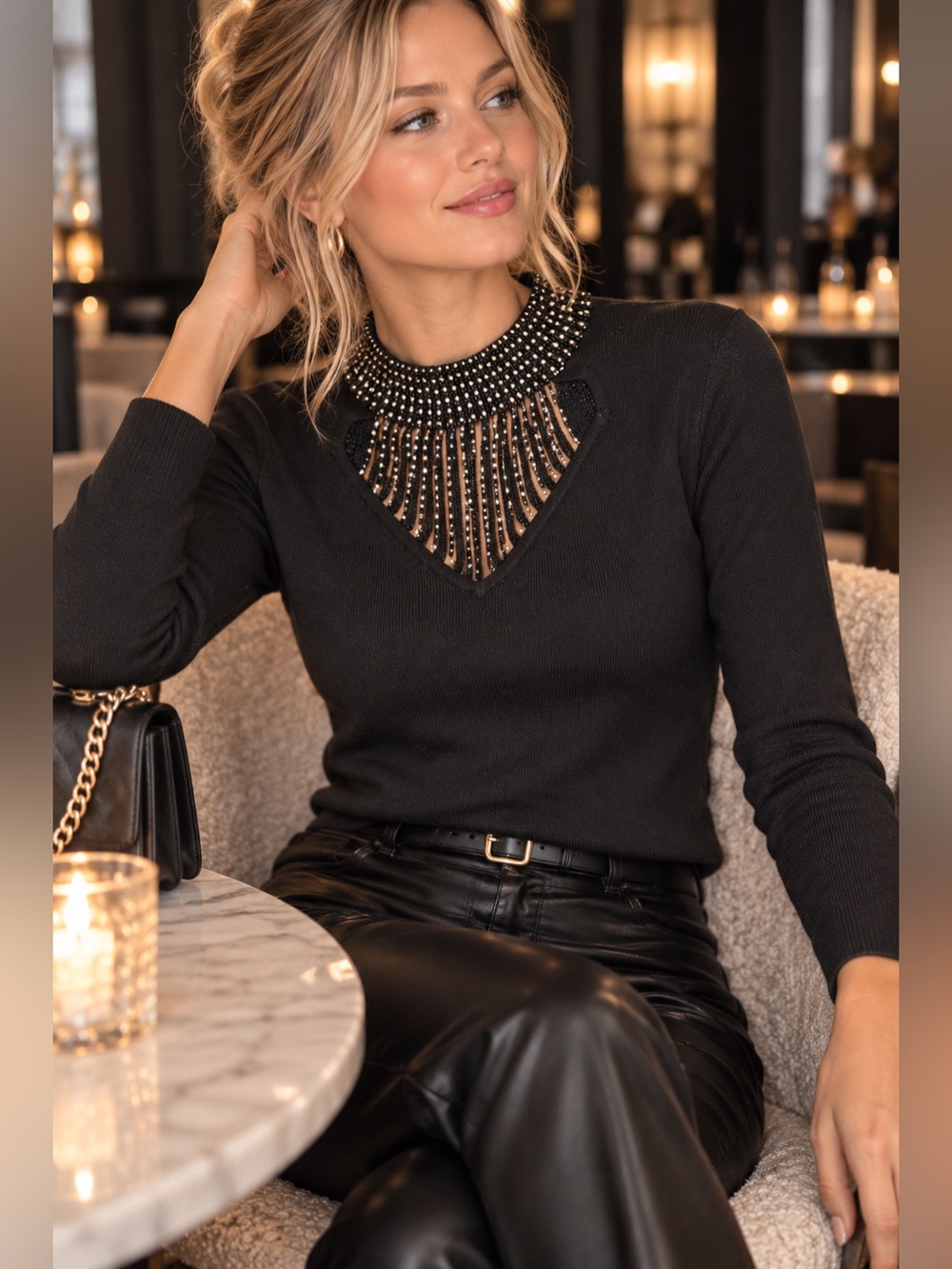 Black Beaded Collar Tunic Evening Top